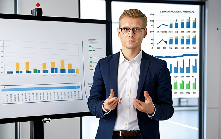 **
A young professional confidently presenting data insights in a modern, bright office setting. The backdrop includes a whiteboard with charts and graphs related to data analytics. Focus on conveying competence and the value of data analysis skills in a Swedish corporate environment. The individual is dressed in smart casual attire.
**