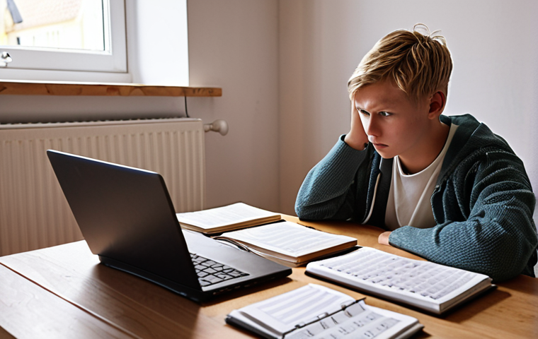 **
Prompt: "A student surrounded by textbooks and notes, looking overwhelmed but determined. The scene includes a calendar app on a laptop displaying a structured study schedule. Emphasize the importance of planning and prioritizing. The setting is a cozy, Scandinavian-style student room."
**