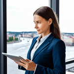 **

A professional IT consultant, fully clothed in a smart casual outfit appropriate for a client meeting (e.g., well-fitting blazer, button-down shirt, chinos). She is standing in a modern office space with large windows overlooking Stockholm, Sweden. She holds a tablet displaying a data dashboard. Emphasize perfect anatomy, correct proportions, and a natural pose. Safe for work, appropriate content, professional, modest, and family-friendly. High-quality rendering, natural lighting.

**