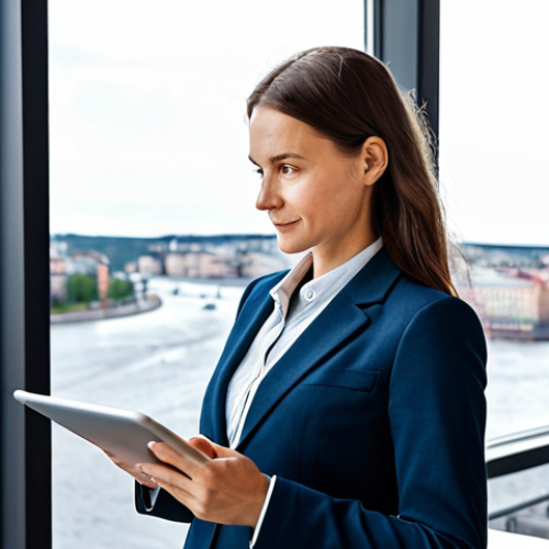 Home 17 **
A professional IT consultant, fully clothed in a smart casual outfit appropriate for a client meeting (e.g., well-fitting blazer, button-down shirt, chinos). She is standing in a modern office space with large windows overlooking Stockholm, Sweden. She holds a tablet displaying a data dashboard. Emphasize perfect anatomy, correct proportions, and a natural pose. Safe for work, appropriate content, professional, modest, and family-friendly. High-quality rendering, natural lighting.
**