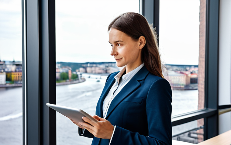**
A professional IT consultant, fully clothed in a smart casual outfit appropriate for a client meeting (e.g., well-fitting blazer, button-down shirt, chinos). She is standing in a modern office space with large windows overlooking Stockholm, Sweden. She holds a tablet displaying a data dashboard. Emphasize perfect anatomy, correct proportions, and a natural pose. Safe for work, appropriate content, professional, modest, and family-friendly. High-quality rendering, natural lighting.
**
